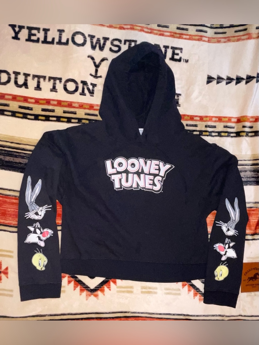 Warner Bros. Looney Tunes Black Hooded Graphic Crop Sweatshirt